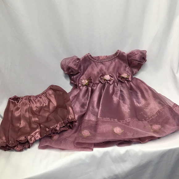 fancy baby dress & pantaloons soft sheer pale raspberry beads flowers 12/18 - Picture 4 of 10